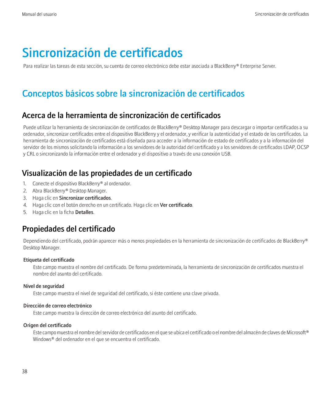 Blackberry VERSION 5.0 manual Sincronización de certificados, Conceptos básicos sobre la sincronización de certificados 