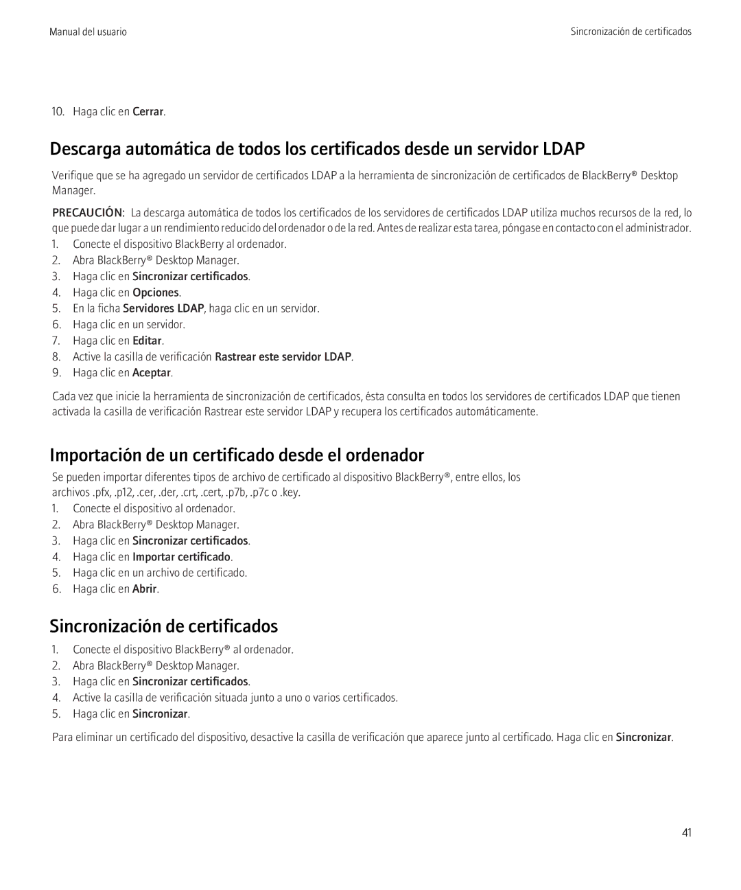 Blackberry VERSION 5.0 manual Importación de un certificado desde el ordenador, Sincronización de certificados 