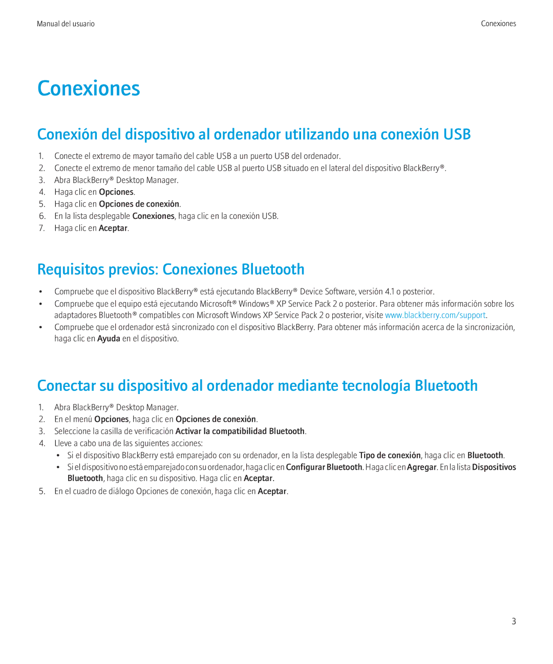 Blackberry VERSION 5.0 manual Requisitos previos Conexiones Bluetooth 