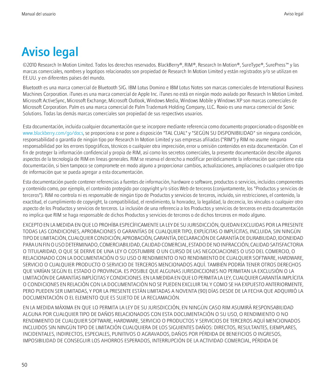 Blackberry VERSION 5.0 manual Aviso legal 