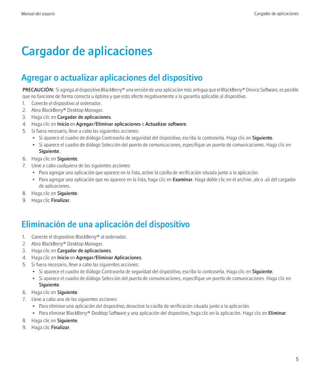 Blackberry VERSION 5.0 manual Cargador de aplicaciones, Agregar o actualizar aplicaciones del dispositivo 