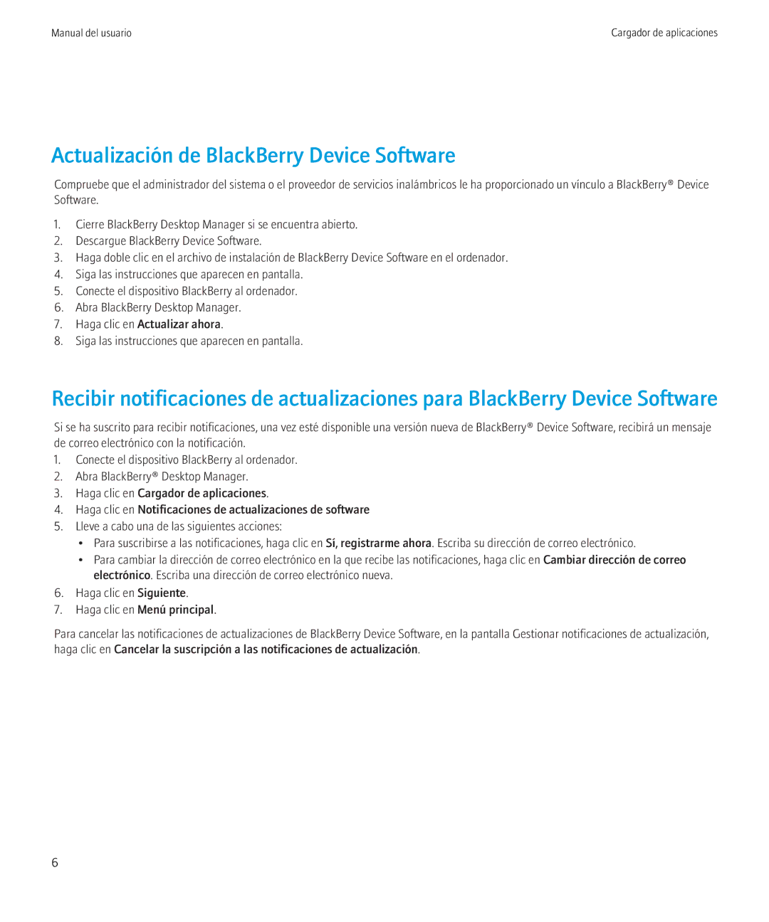 Blackberry VERSION 5.0 manual Actualización de BlackBerry Device Software 