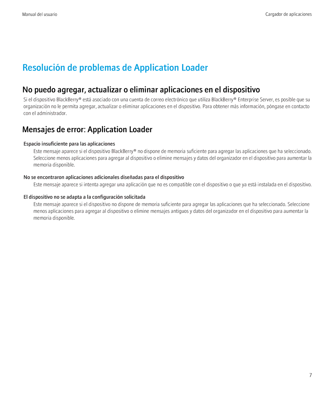 Blackberry VERSION 5.0 manual Resolución de problemas de Application Loader, Mensajes de error Application Loader 