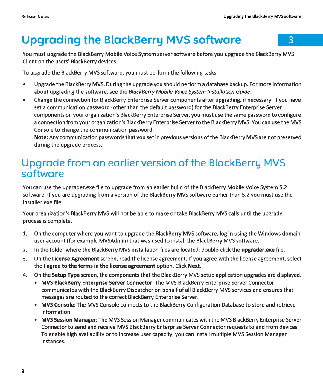 Blackberry version 5.2 manual Upgrading the BlackBerry MVS software 