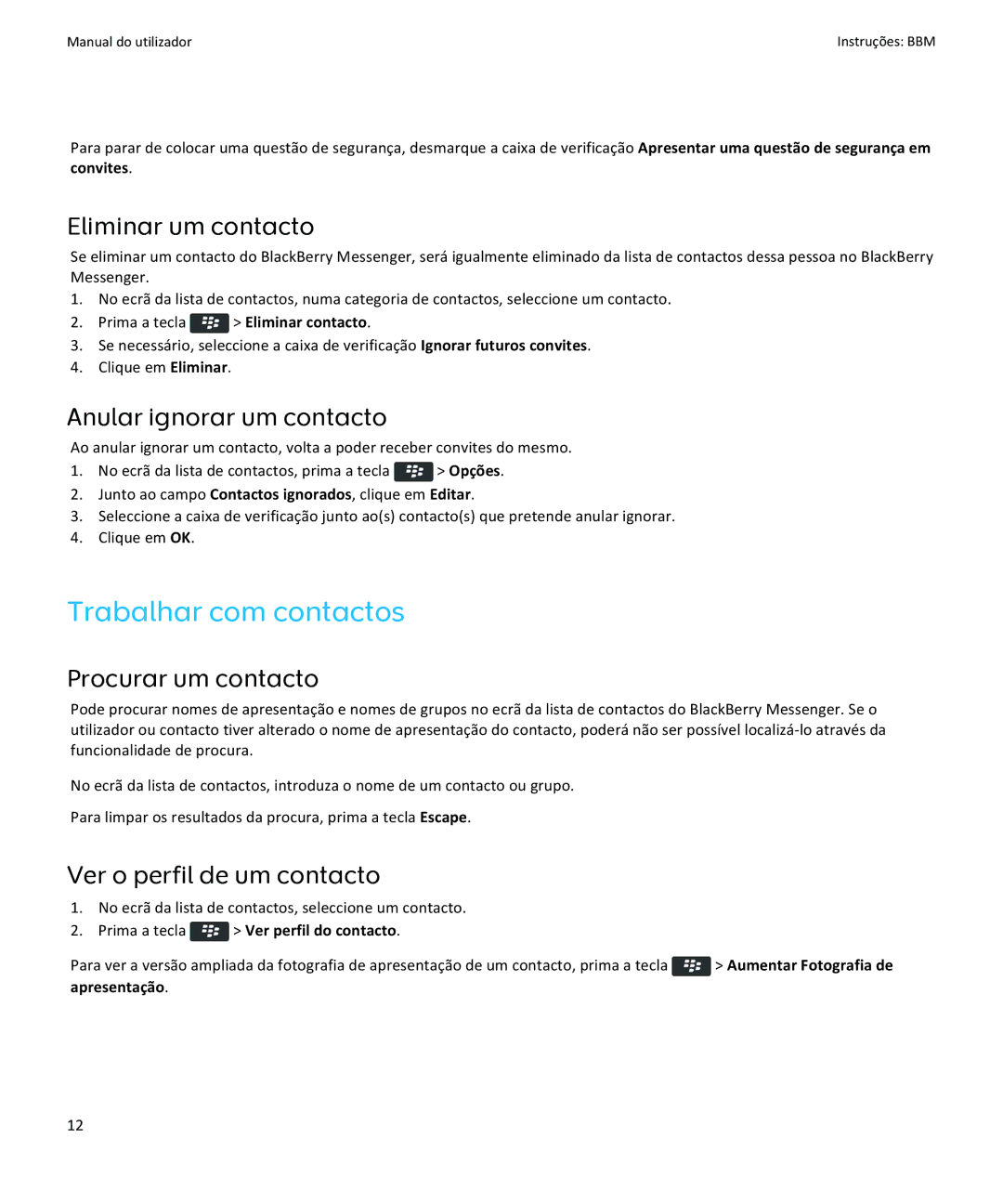 Blackberry Verso: 6.1 Trabalhar com contactos, Eliminar um contacto, Anular ignorar um contacto, Procurar um contacto 