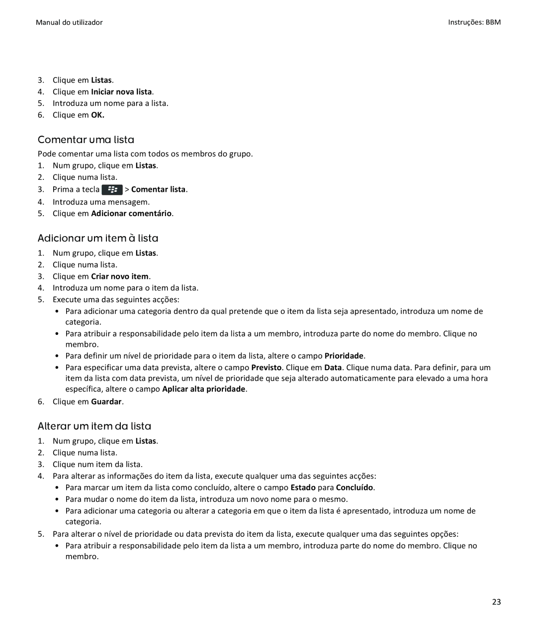 Blackberry Verso: 6.1 Comentar uma lista, Adicionar um item à lista, Alterar um item da lista, Clique em Criar novo item 