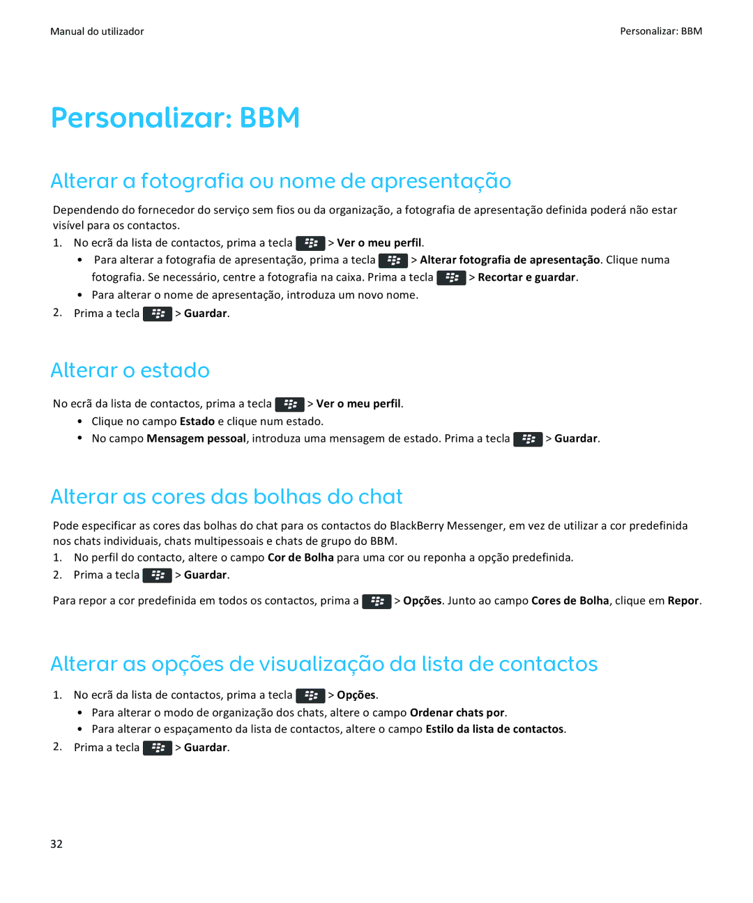 Blackberry Verso: 6.1 manual do utilizador Personalizar BBM, Alterar o estado, Alterar as cores das bolhas do chat 