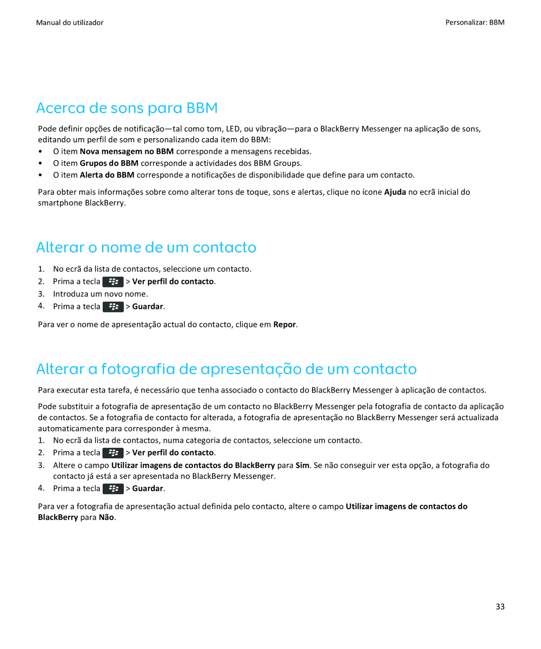 Blackberry Verso: 6.1 manual do utilizador Acerca de sons para BBM, Alterar o nome de um contacto 