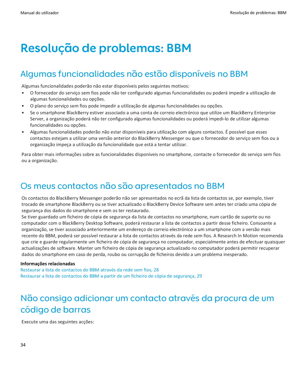 Blackberry Verso: 6.1 manual do utilizador Resolução de problemas BBM, Algumas funcionalidades não estão disponíveis no BBM 