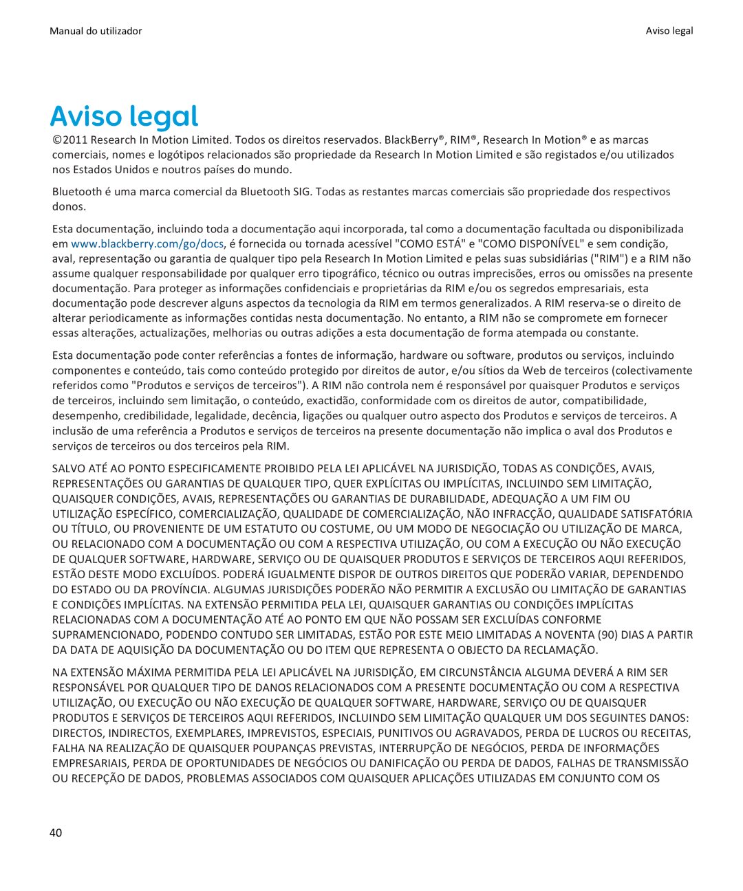 Blackberry Verso: 6.1 manual do utilizador Aviso legal 