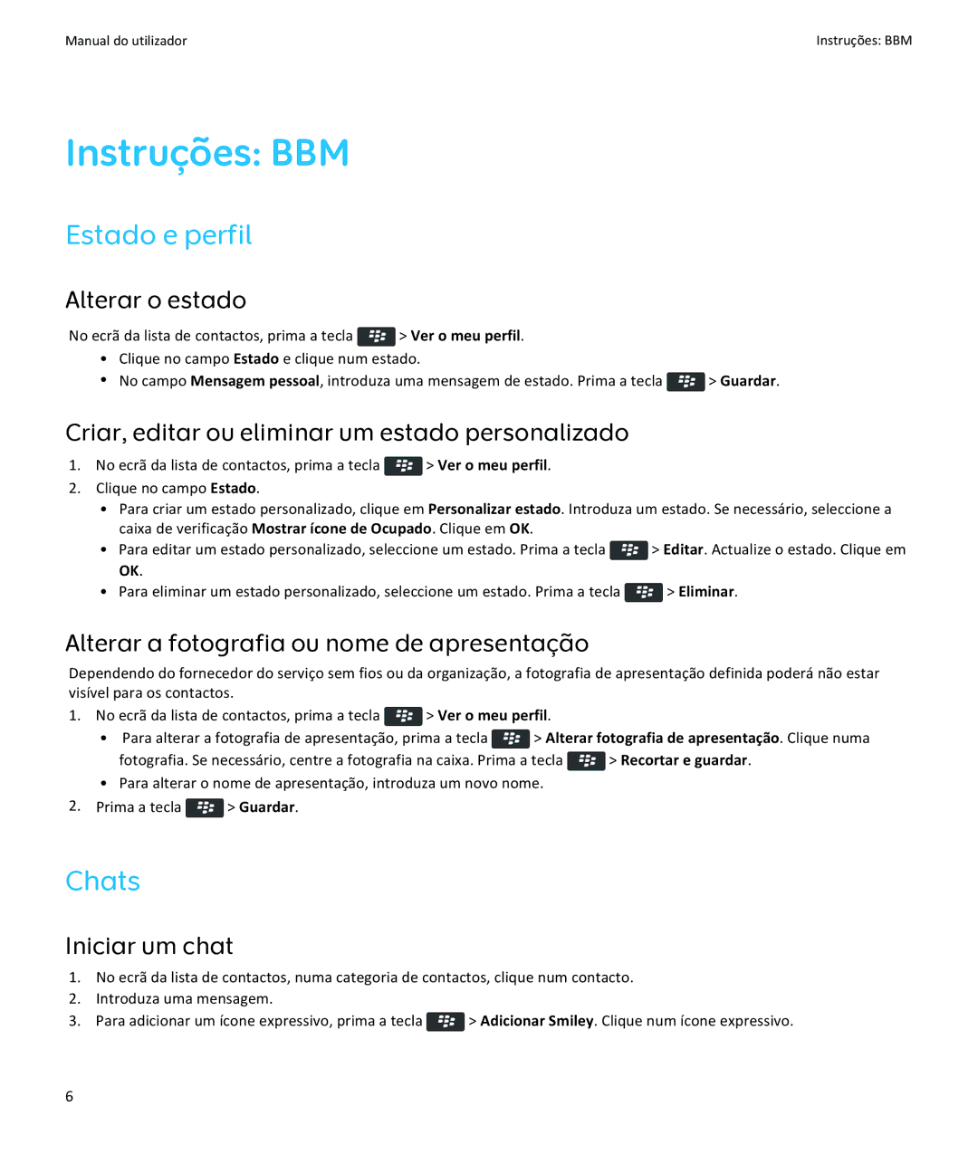 Blackberry Verso: 6.1 manual do utilizador Instruções BBM, Estado e perfil, Chats 