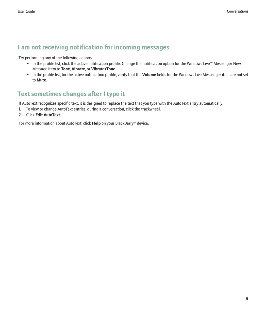 Blackberry Windows Live Messenger manual Am not receiving notification for incoming messages, Click Edit AutoText 