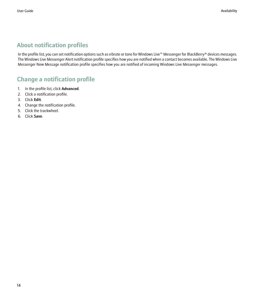 Blackberry Windows Live Messenger manual About notification profiles, Change a notification profile 