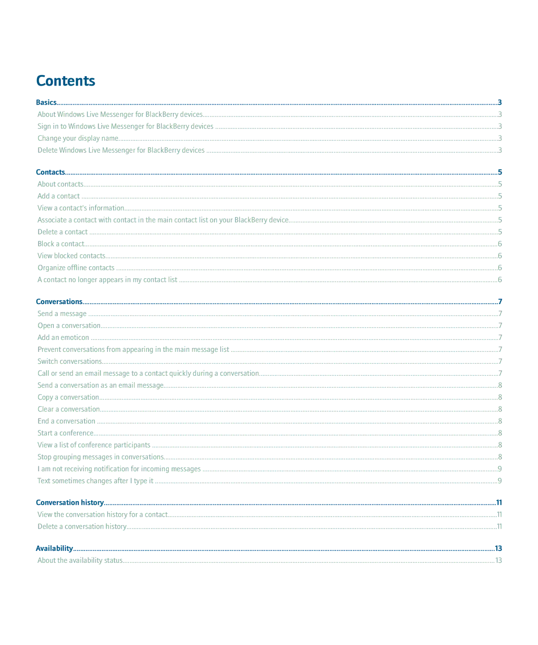 Blackberry Windows Live Messenger manual Contents 