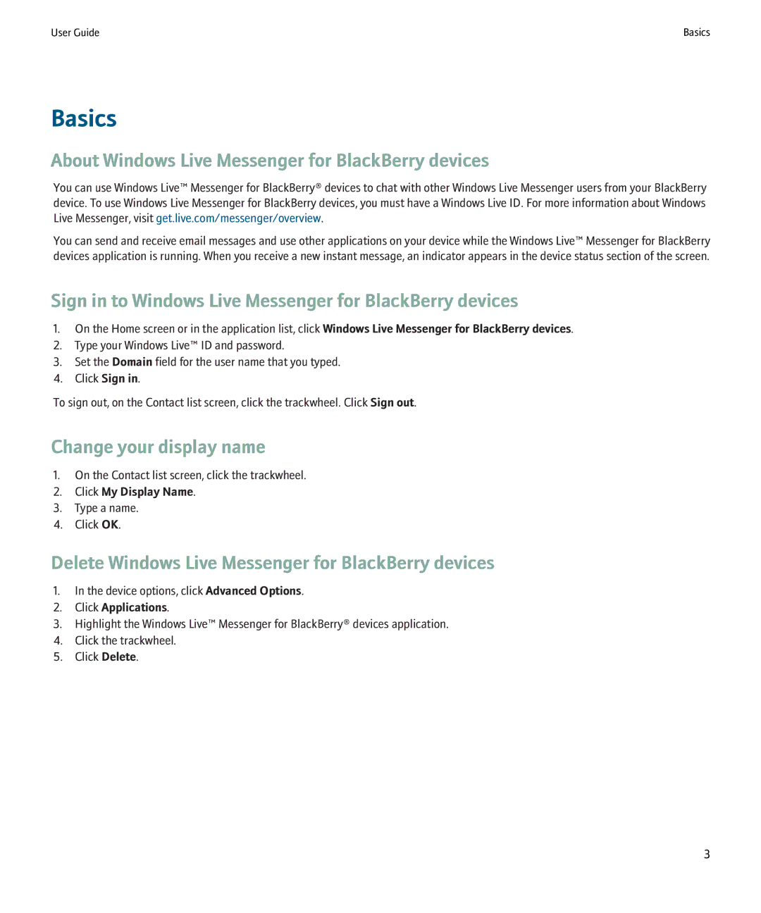 Blackberry manual Basics, About Windows Live Messenger for BlackBerry devices, Change your display name 