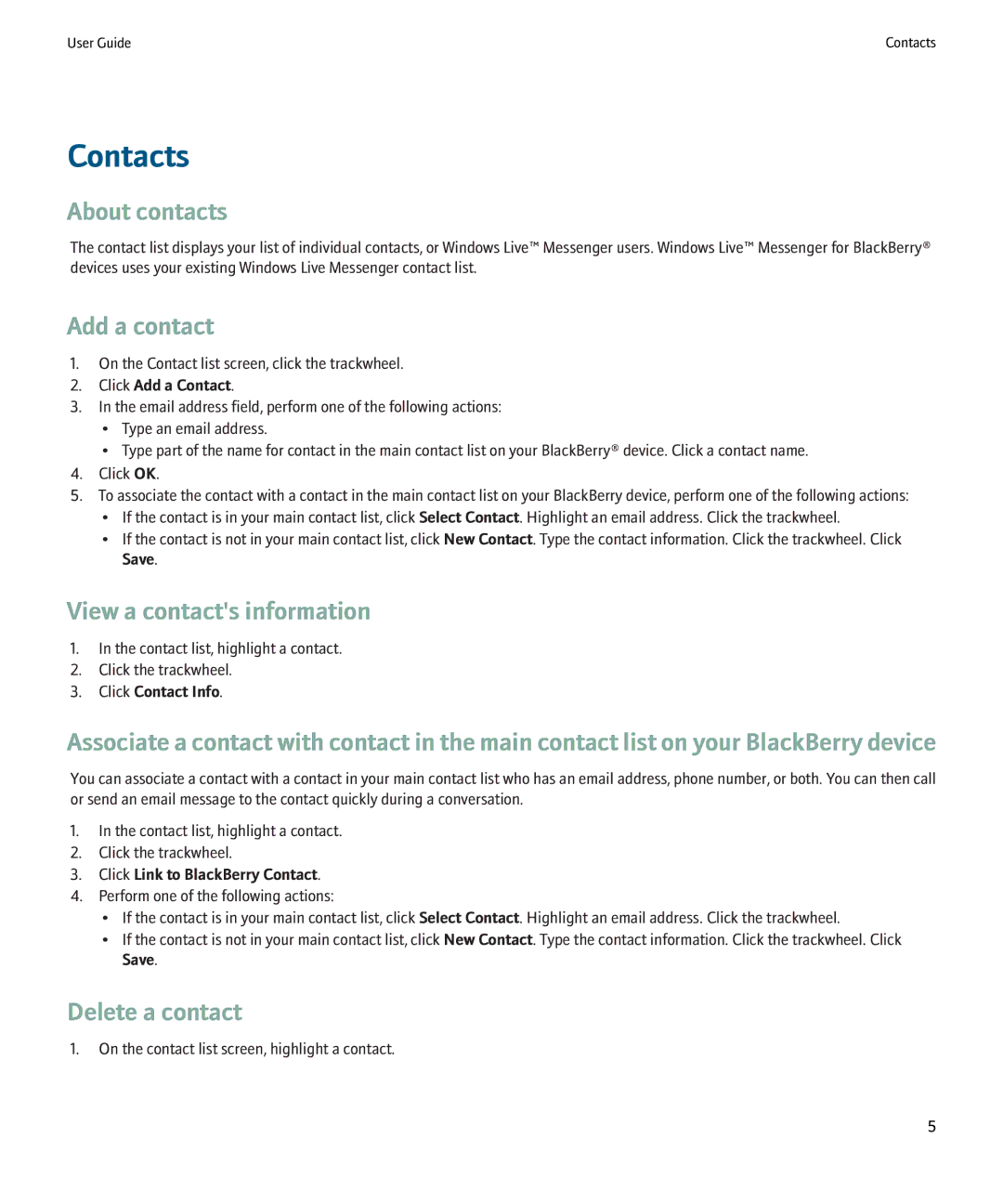 Blackberry Windows Live Messenger Contacts, About contacts, Add a contact, View a contacts information, Delete a contact 