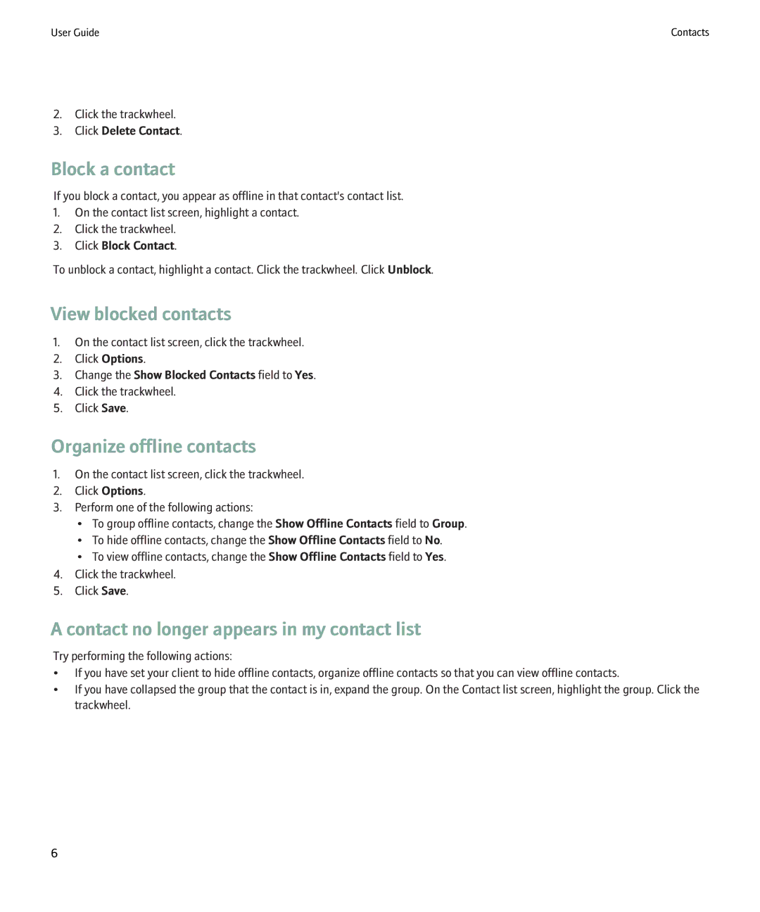 Blackberry Windows Live Messenger manual Block a contact, View blocked contacts, Organize offline contacts 