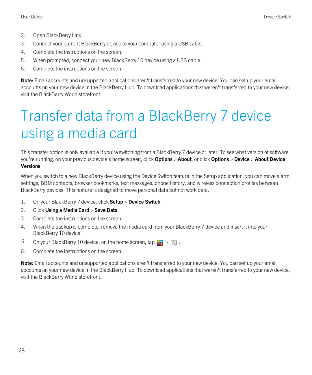 Blackberry Z10 manual Transfer data from a BlackBerry 7 device using a media card, Click Using a Media Card Save Data 