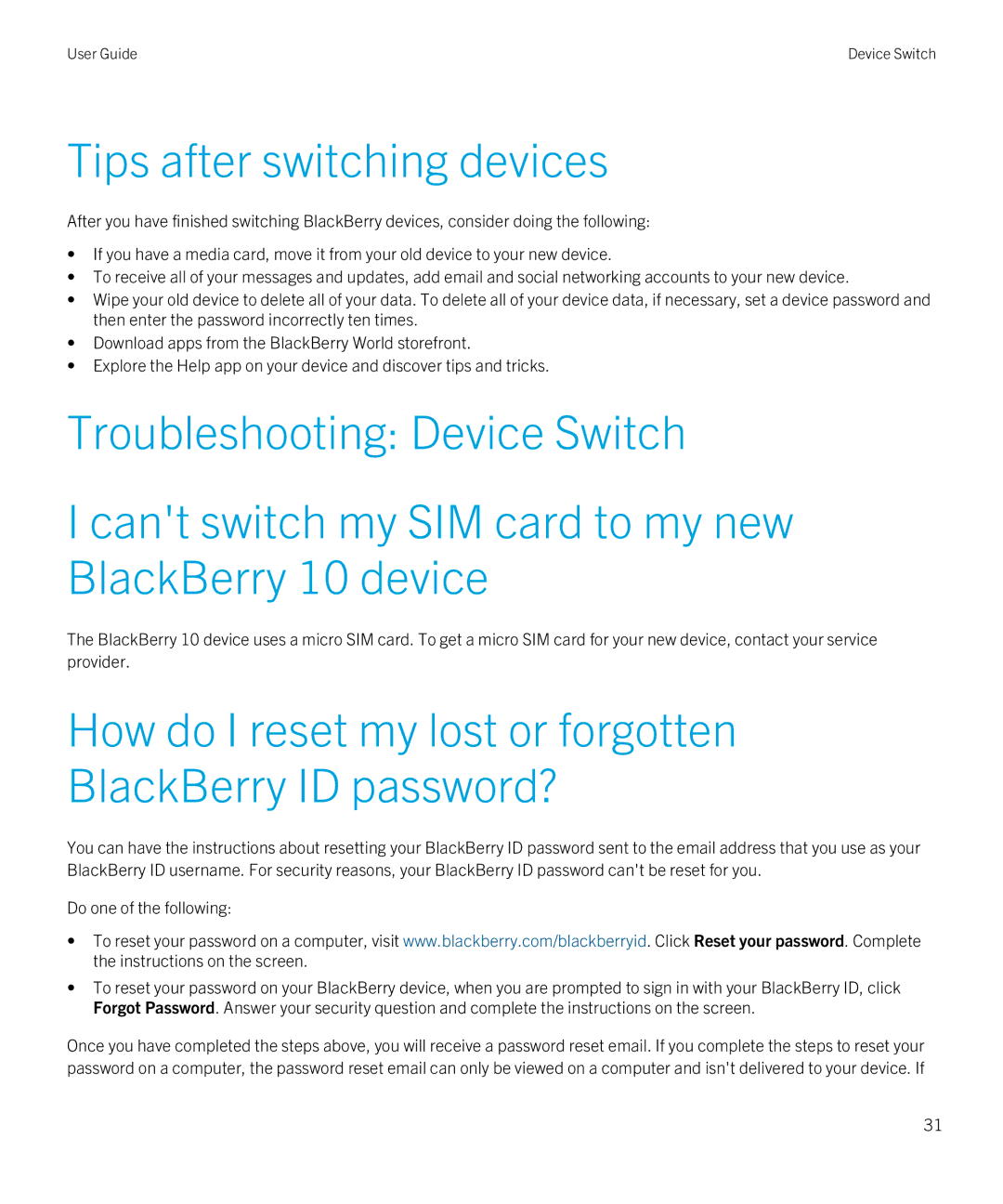 Blackberry Z10 manual Tips after switching devices, How do I reset my lost or forgotten BlackBerry ID password? 