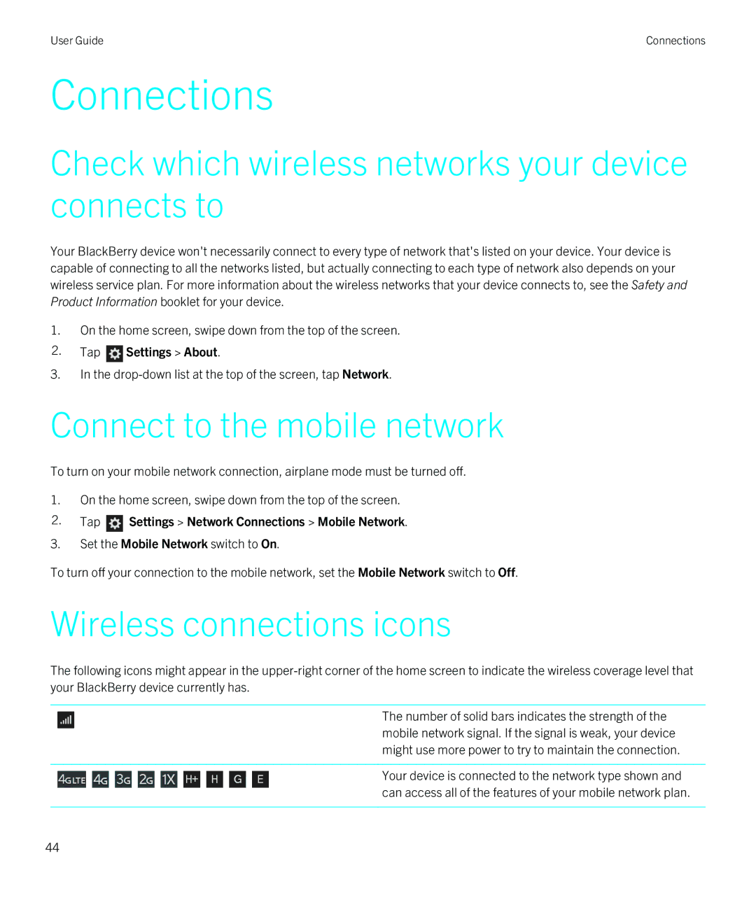 Blackberry Z10 manual Connections, Check which wireless networks your device connects to, Connect to the mobile network 