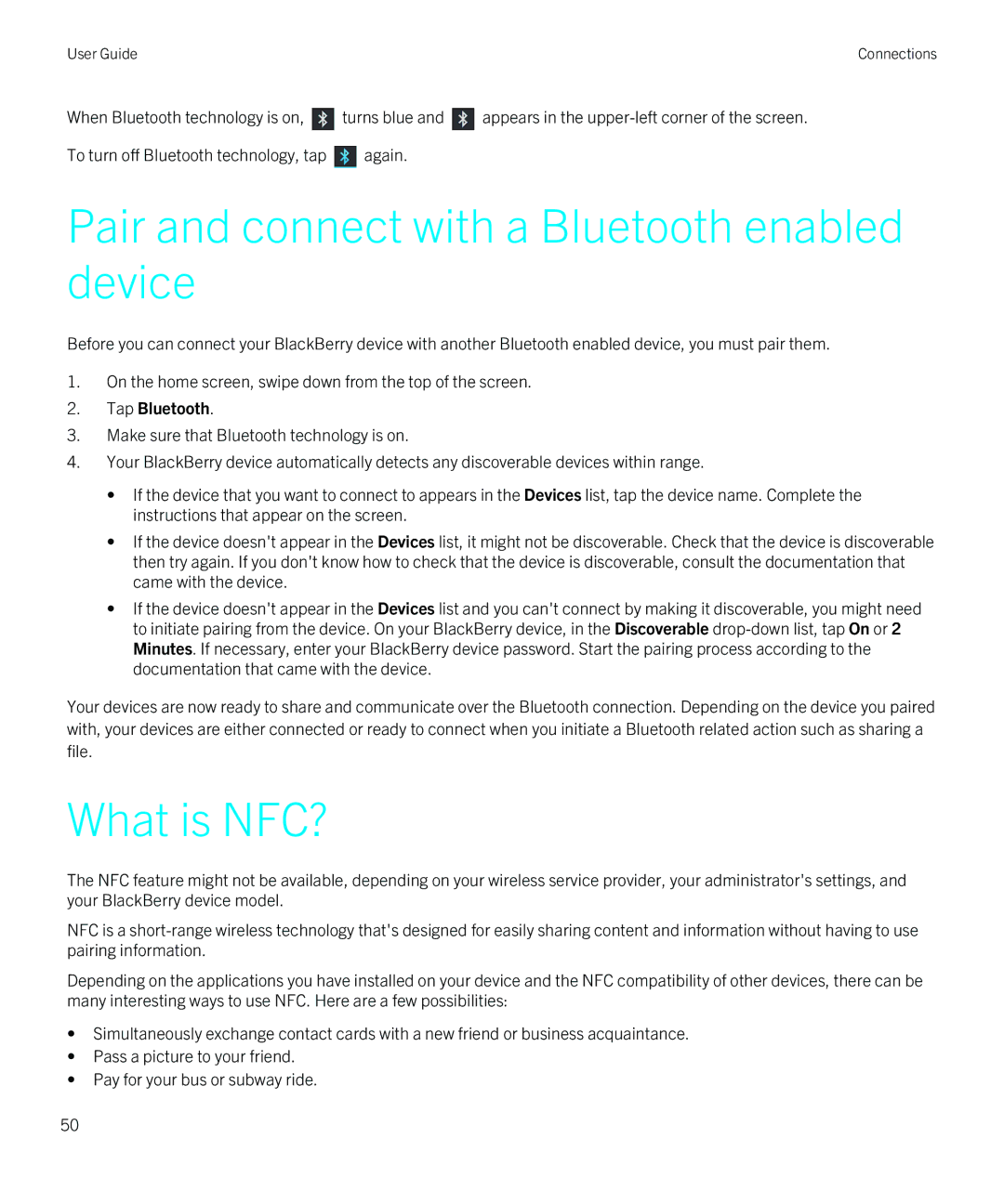 Blackberry Z10 manual Pair and connect with a Bluetooth enabled device, What is NFC?, Tap Bluetooth 