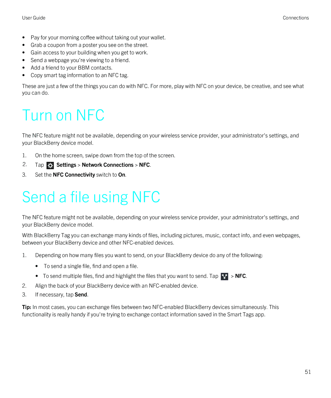 Blackberry Z10 manual Turn on NFC, Send a file using NFC, Tap Settings Network Connections NFC 