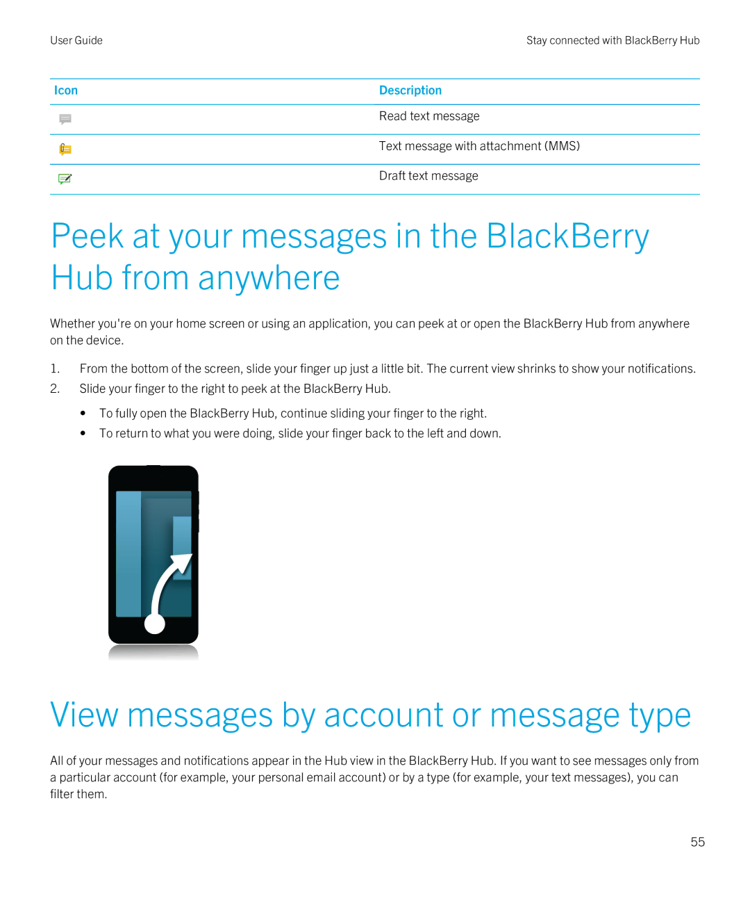 Blackberry Z10 manual Peek at your messages in the BlackBerry Hub from anywhere, View messages by account or message type 