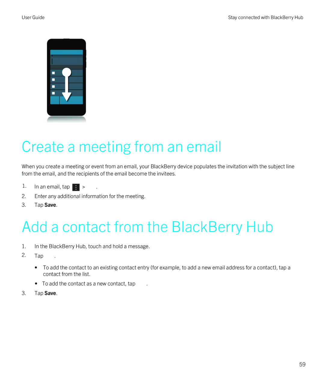 Blackberry Z10 manual Create a meeting from an email, Add a contact from the BlackBerry Hub 