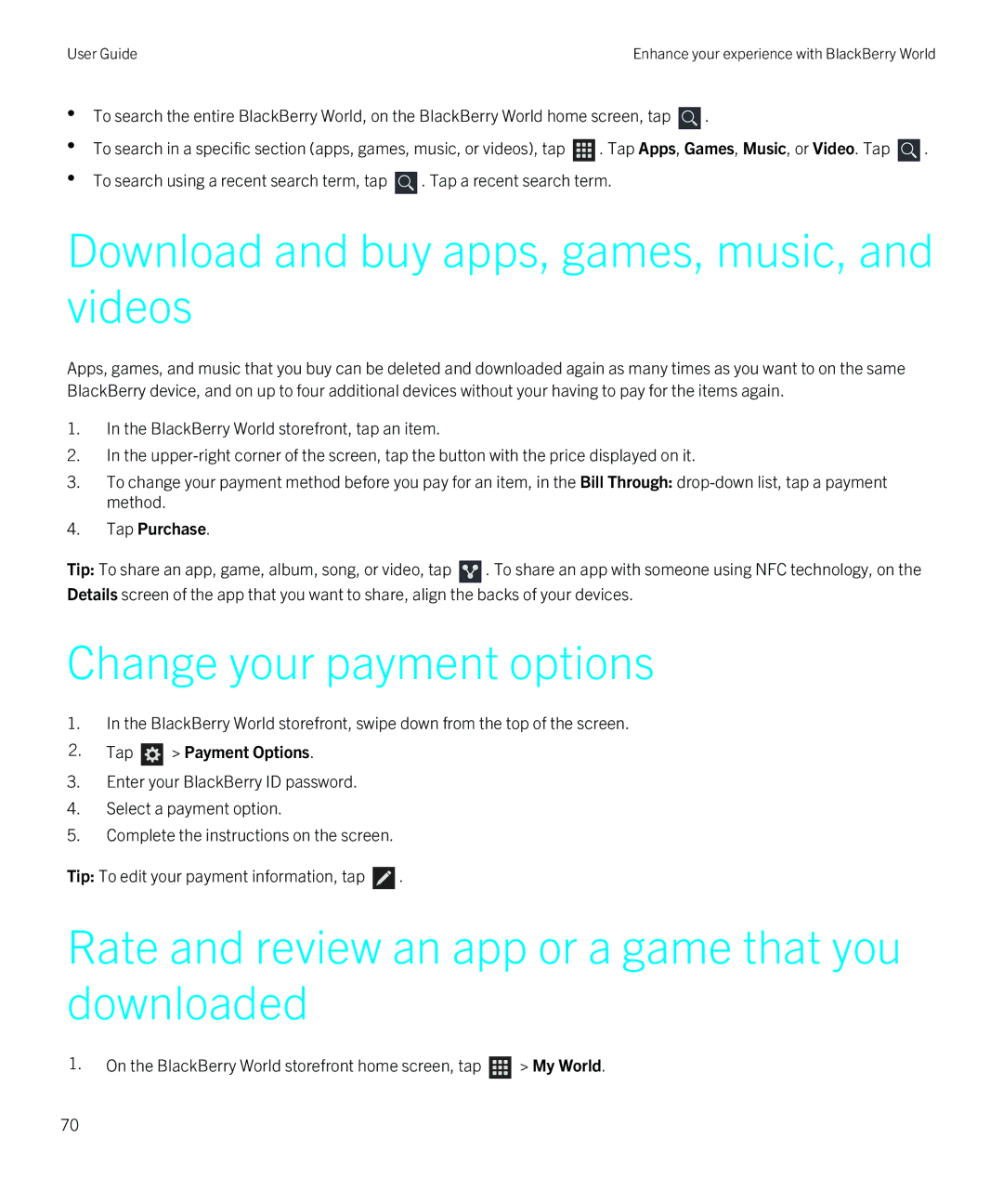 Blackberry Z10 manual Download and buy apps, games, music, and videos, Change your payment options, Tap Purchase 