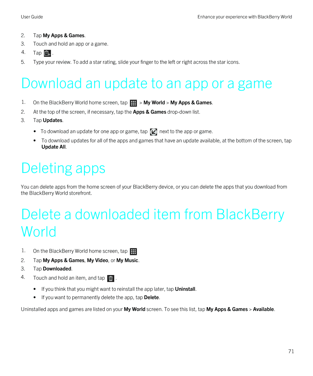 Blackberry Z10 manual Download an update to an app or a game, Deleting apps, Delete a downloaded item from BlackBerry World 