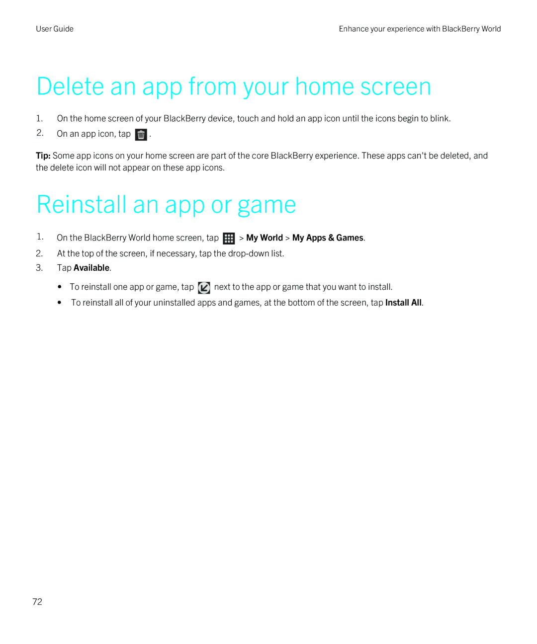 Blackberry Z10 manual Delete an app from your home screen, Reinstall an app or game, Tap Available 