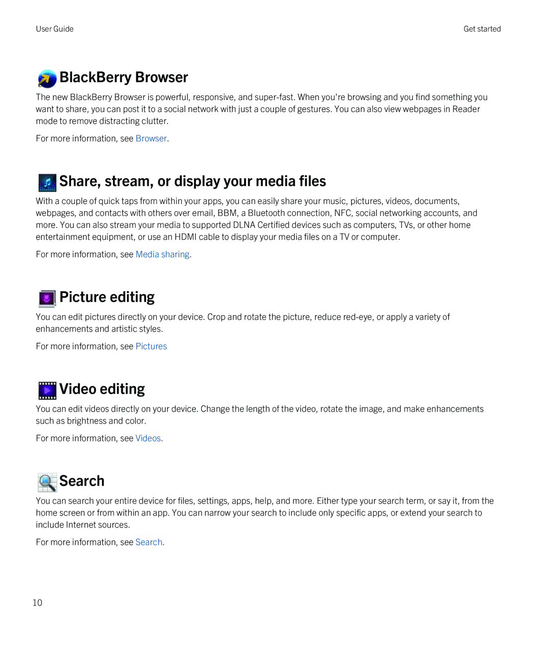 Blackberry Z10 manual Share, stream, or display your media files 