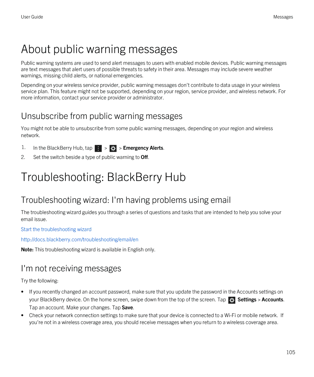 Blackberry Z10 About public warning messages, Troubleshooting BlackBerry Hub, Unsubscribe from public warning messages 