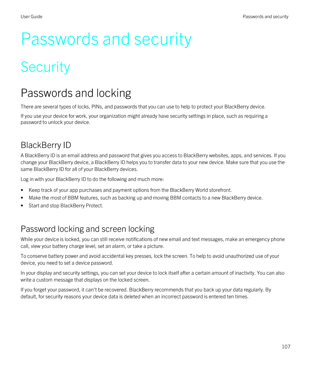 Blackberry Z10 manual Security, Passwords and locking, BlackBerry ID, Password locking and screen locking 