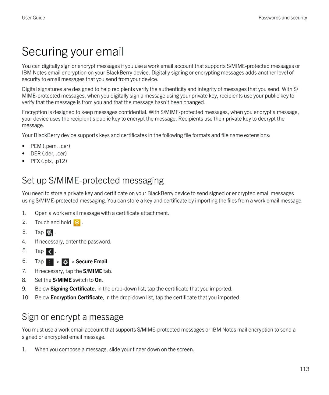 Blackberry Z10 manual Securing your email 