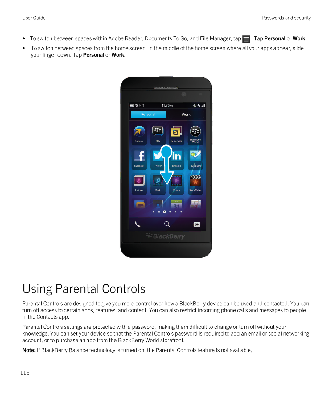 Blackberry Z10 manual Using Parental Controls 