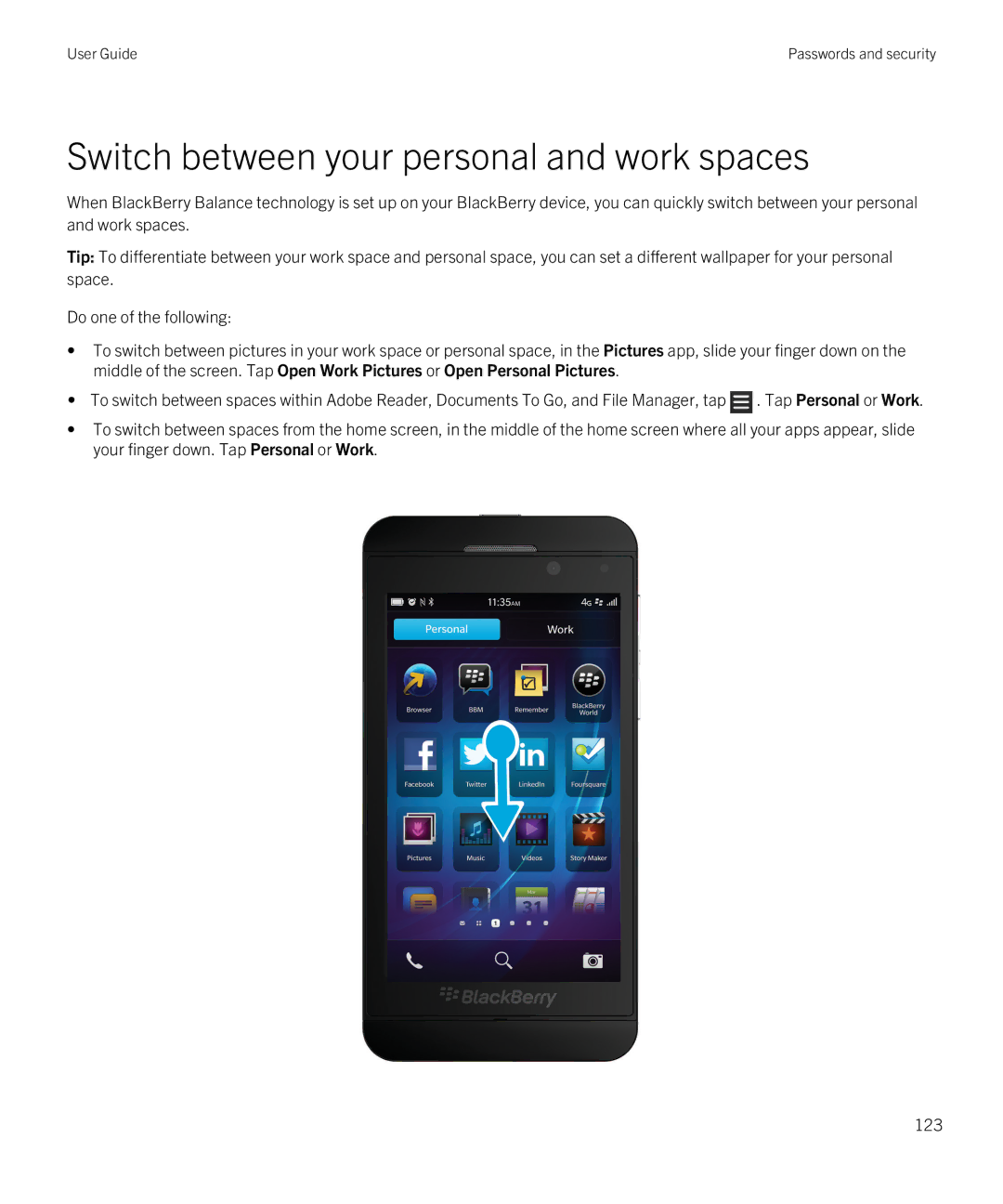 Blackberry Z10 manual Switch between your personal and work spaces 