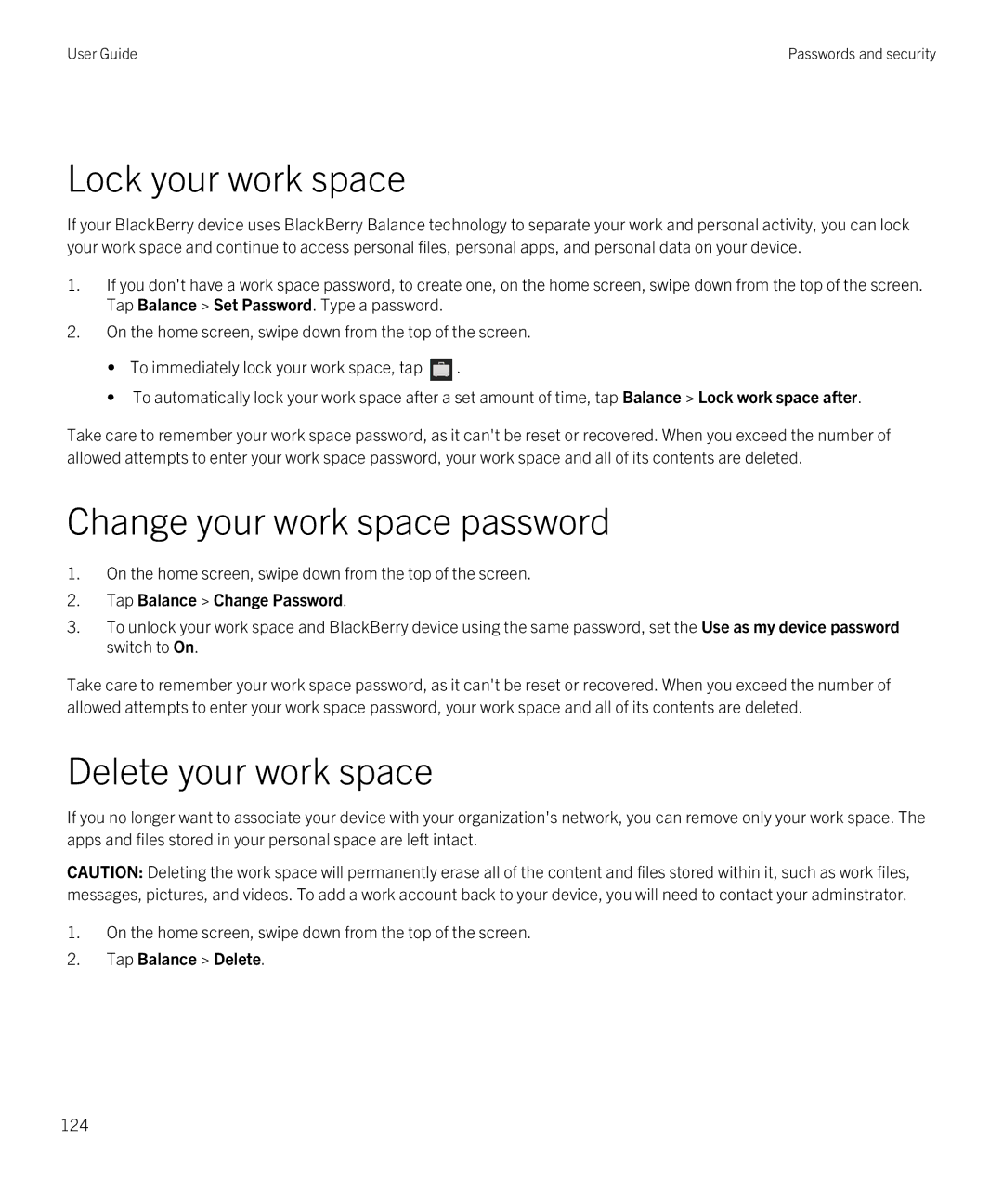 Blackberry Z10 manual Lock your work space, Change your work space password, Delete your work space 