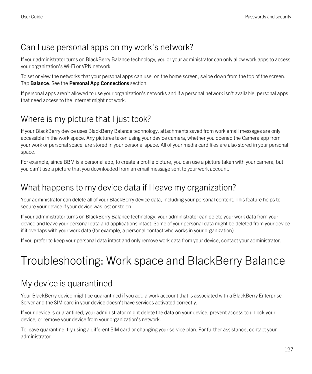 Blackberry Z10 manual Troubleshooting Work space and BlackBerry Balance, My device is quarantined 