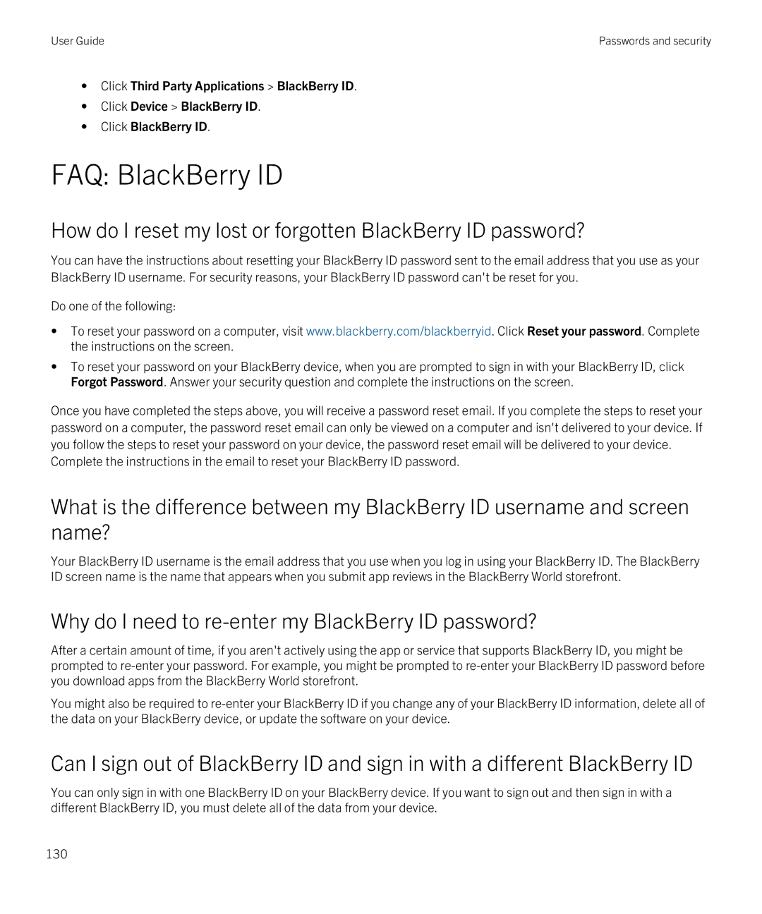 Blackberry Z10 manual FAQ BlackBerry ID, Why do I need to re-enter my BlackBerry ID password? 