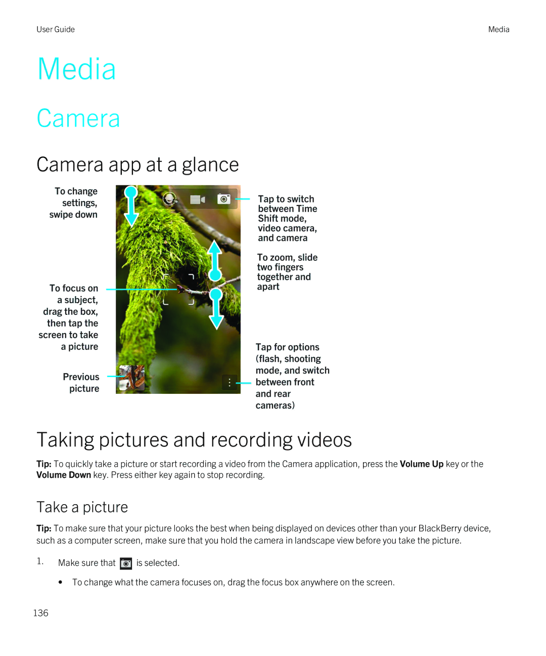 Blackberry Z10 manual Camera app at a glance Taking pictures and recording videos, Take a picture 