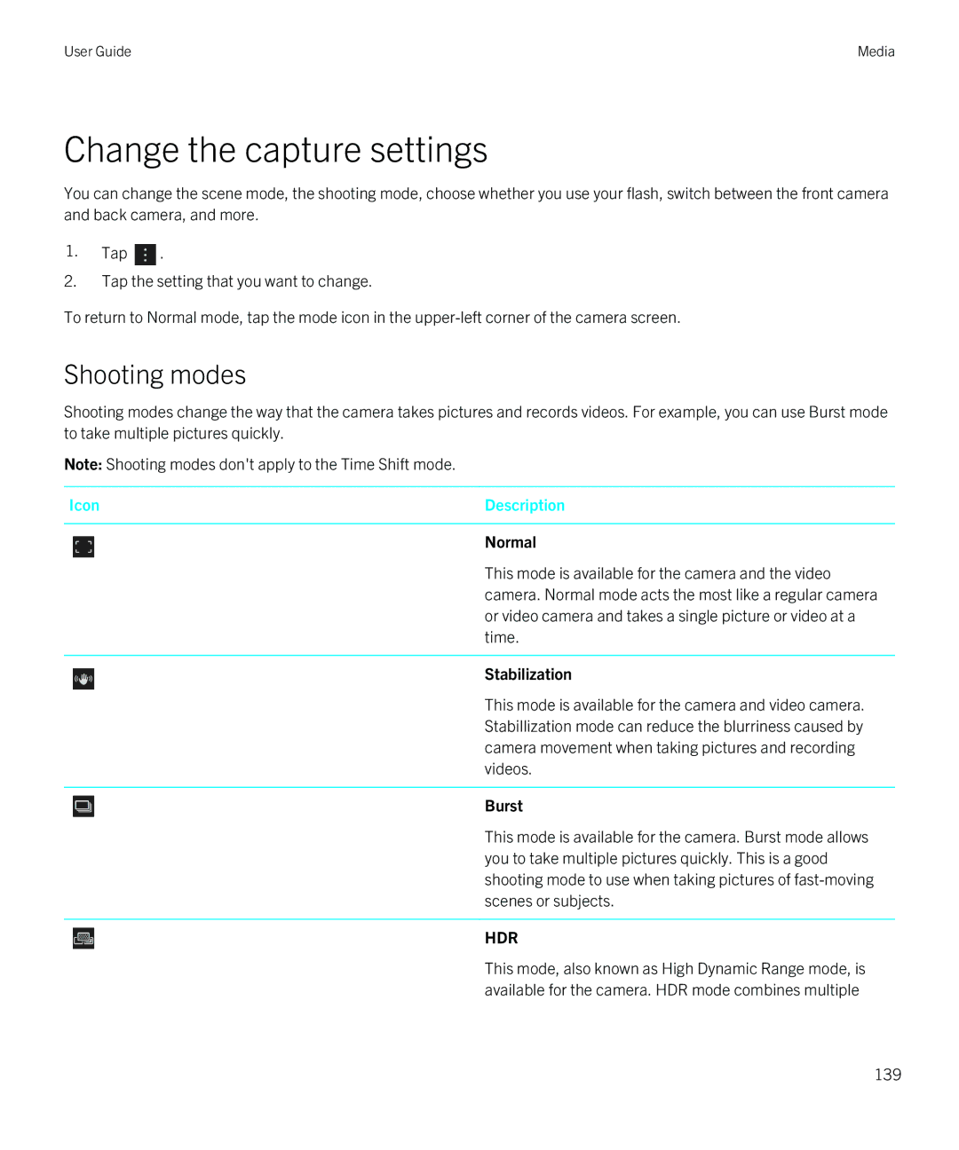 Blackberry Z10 manual Change the capture settings, Shooting modes, Normal, Stabilization, Burst 