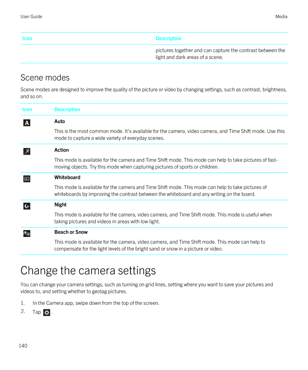 Blackberry Z10 manual Change the camera settings, Scene modes 