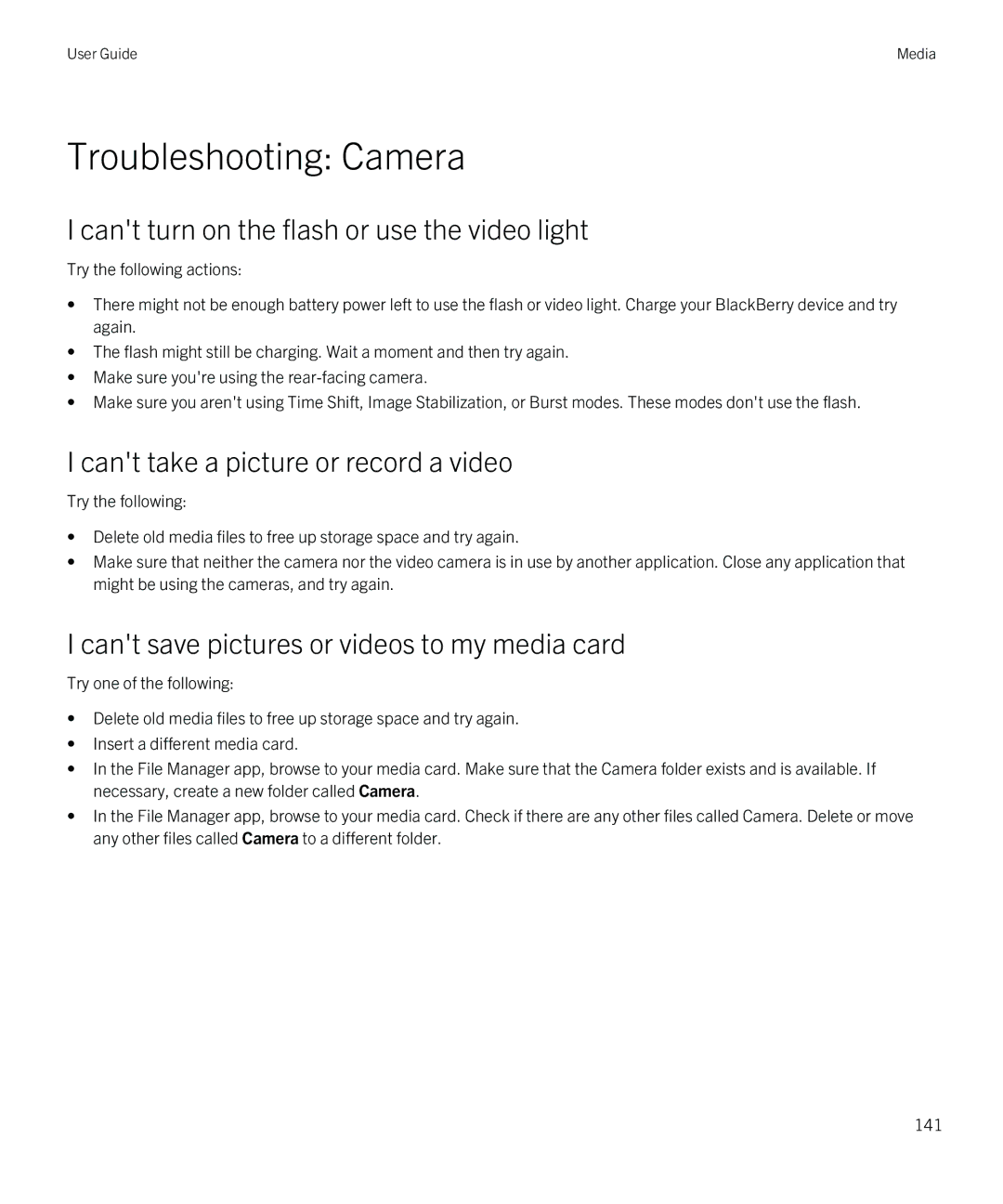 Blackberry Z10 manual Troubleshooting Camera, Cant turn on the flash or use the video light 