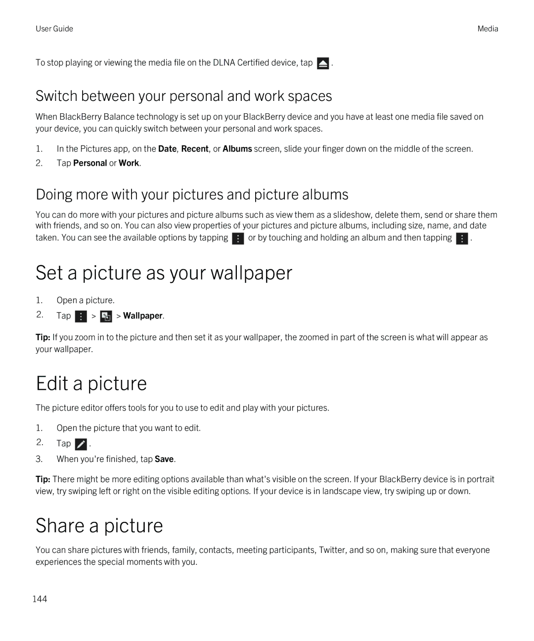 Blackberry Z10 manual Edit a picture, Share a picture, Switch between your personal and work spaces, Tap Personal or Work 