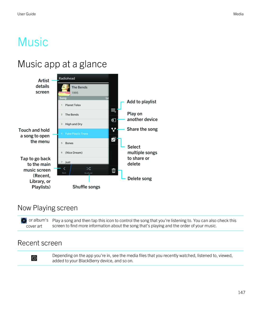 Blackberry Z10 manual Music app at a glance, Now Playing screen 