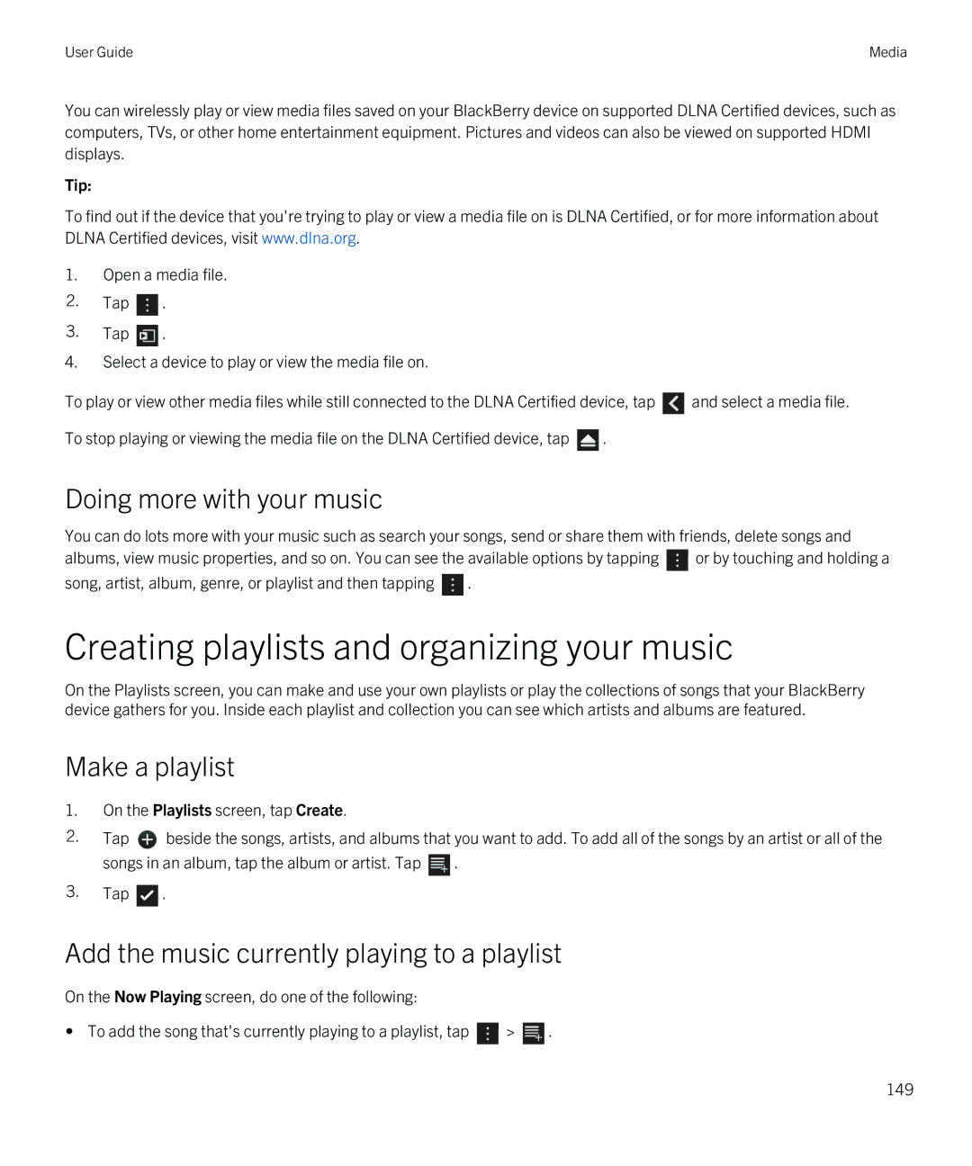 Blackberry Z10 manual Creating playlists and organizing your music, Doing more with your music, Make a playlist 