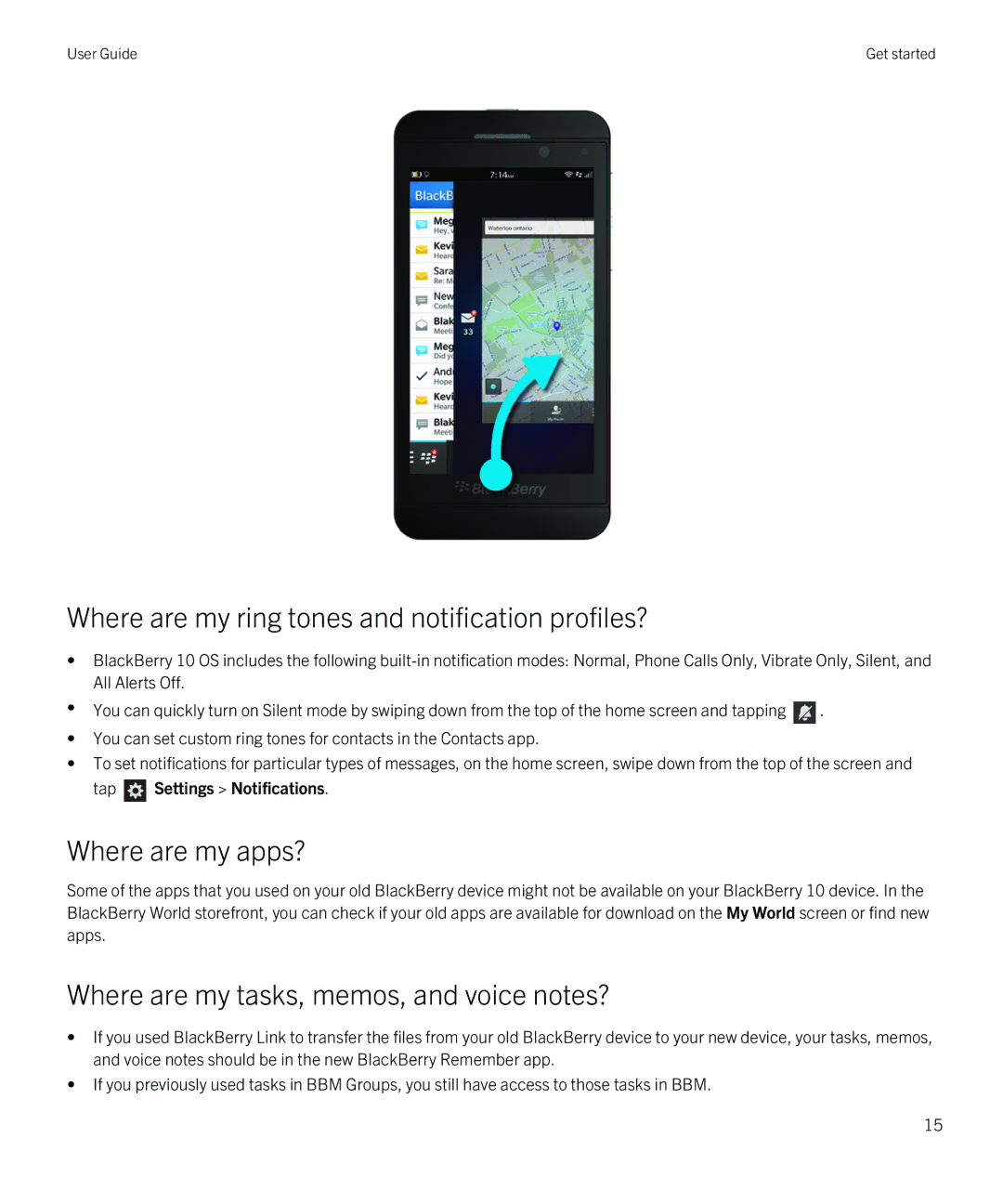 Blackberry Z10 manual Where are my ring tones and notification profiles?, Where are my apps?, Tap Settings Notifications 