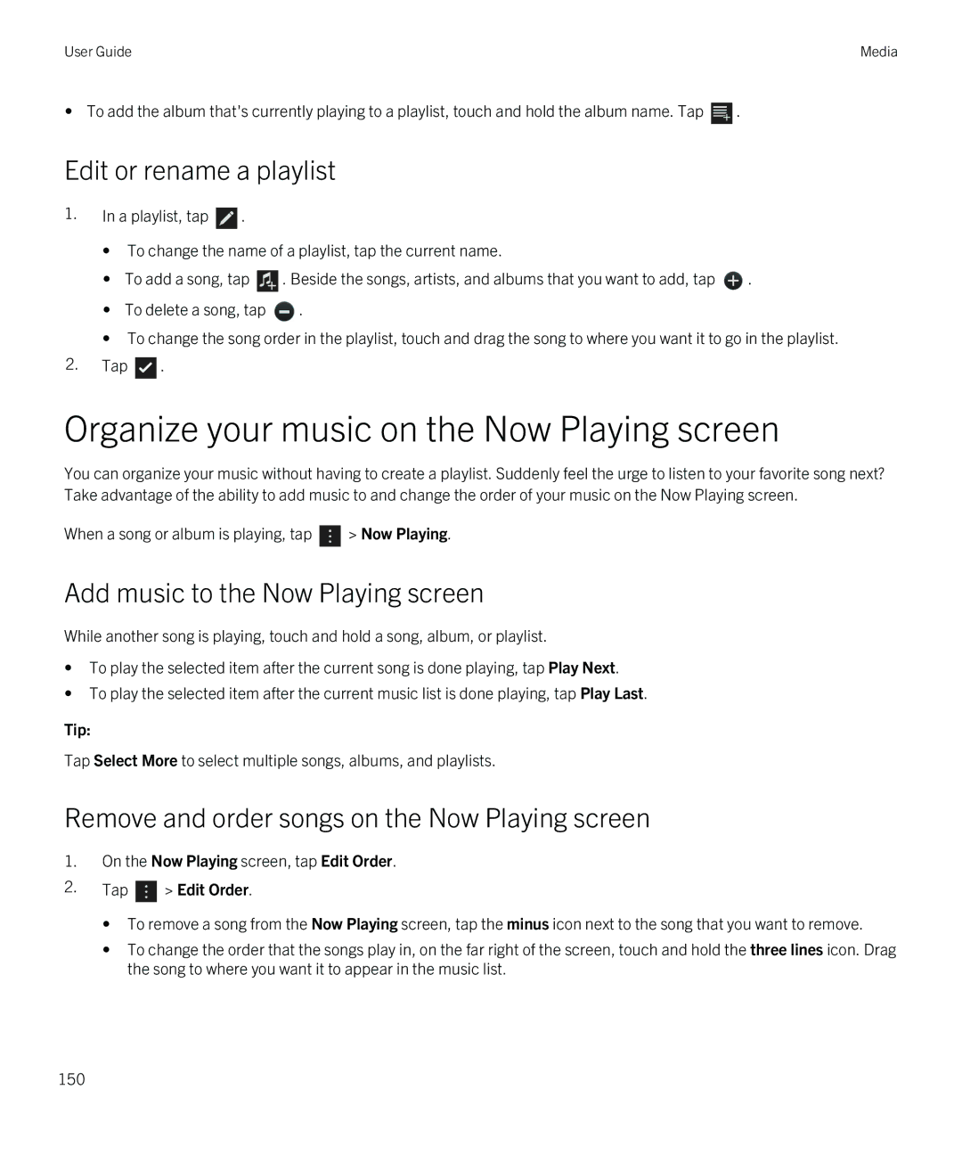 Blackberry Z10 manual Organize your music on the Now Playing screen, Edit or rename a playlist 