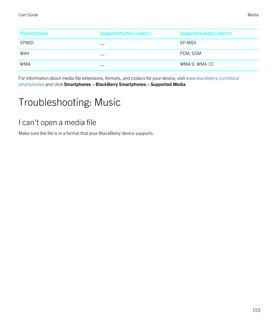 Blackberry Z10 manual Troubleshooting Music, Cant open a media file 